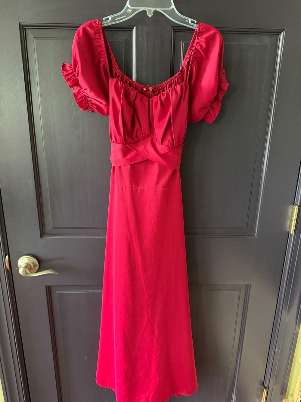 Red Puff-Sleeve Maxi Dress with Gathered Waist
